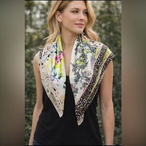 Pure Silk Scarf by Bassler leopard floral black cream pink teal 27x27